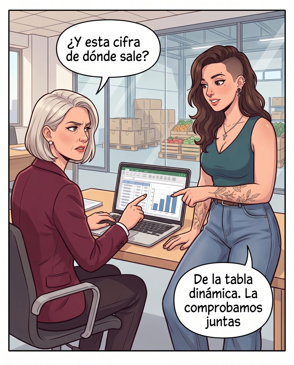Viñeta: Carmen, sentada ante un portátil con una hoja de cálculo y un gráfico de barras, pregunta: ¿Y esta cifra de dónde sale? Lucía, señalando la pantalla, responde: De la tabla dinámica. La comprobamos juntas.