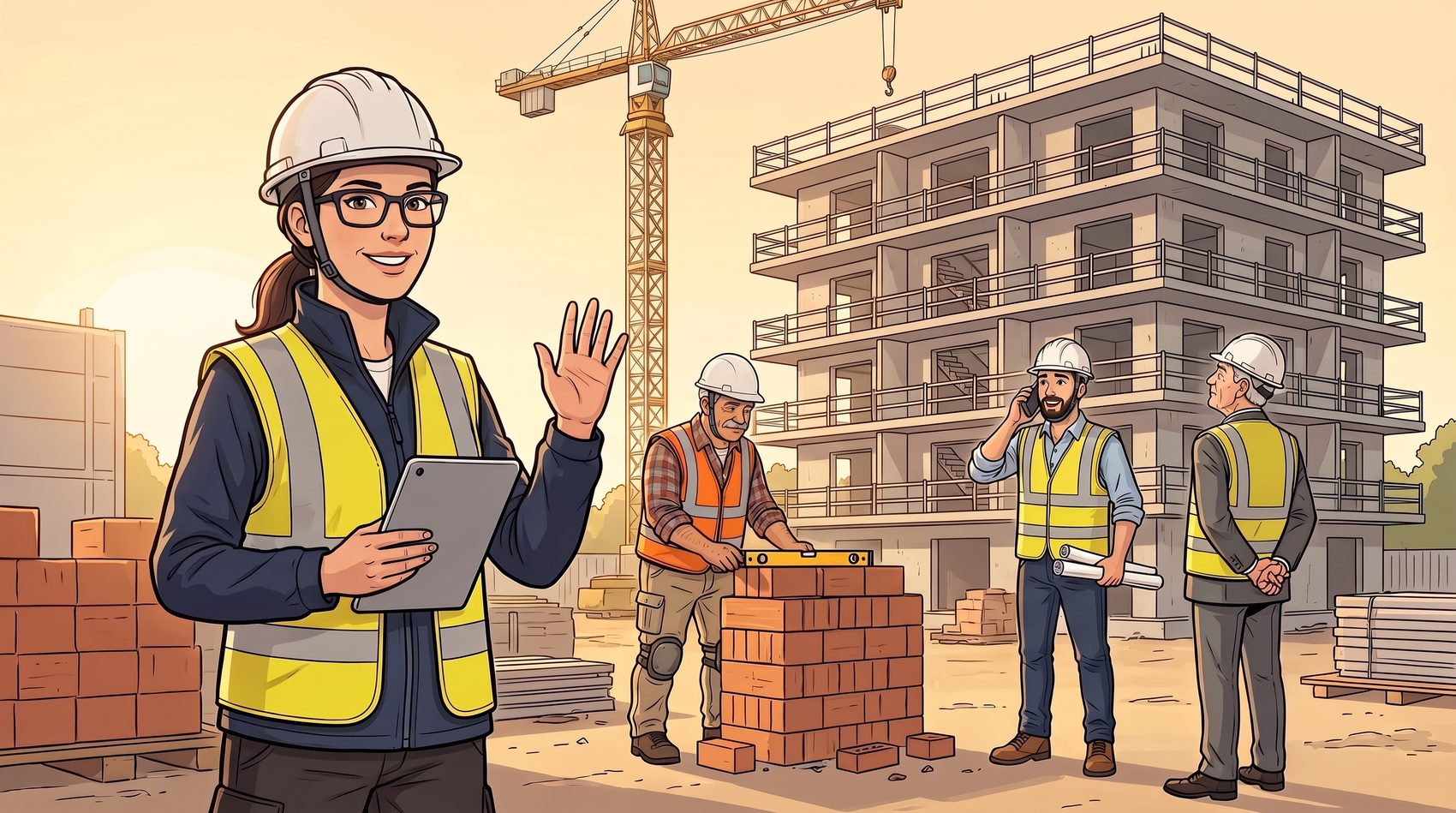Ilustración de cómic: Marta, coordinadora de seguridad y salud, con gafas, casco blanco y chaleco amarillo, sonríe y saluda con la mano en primer plano, con una tableta bajo el brazo. Detrás, en la obra, Paco comprueba con un nivel una hilada de ladrillos, Javier habla por teléfono con unos planos en la mano y Don Ramón, con traje y casco de visita, mira el edificio en construcción.
